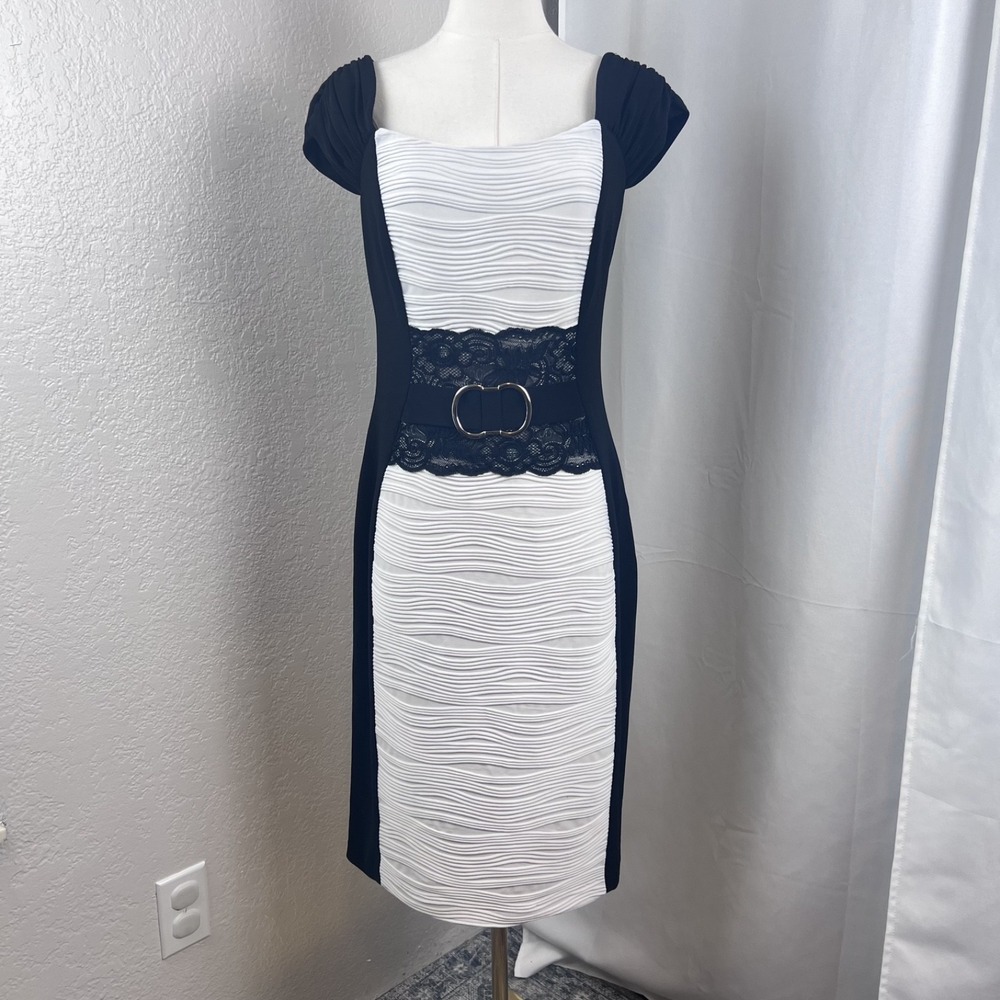 Joseph‎ Ribkoff Dress Womens 10 Black White Textured Belt Accent Career Business